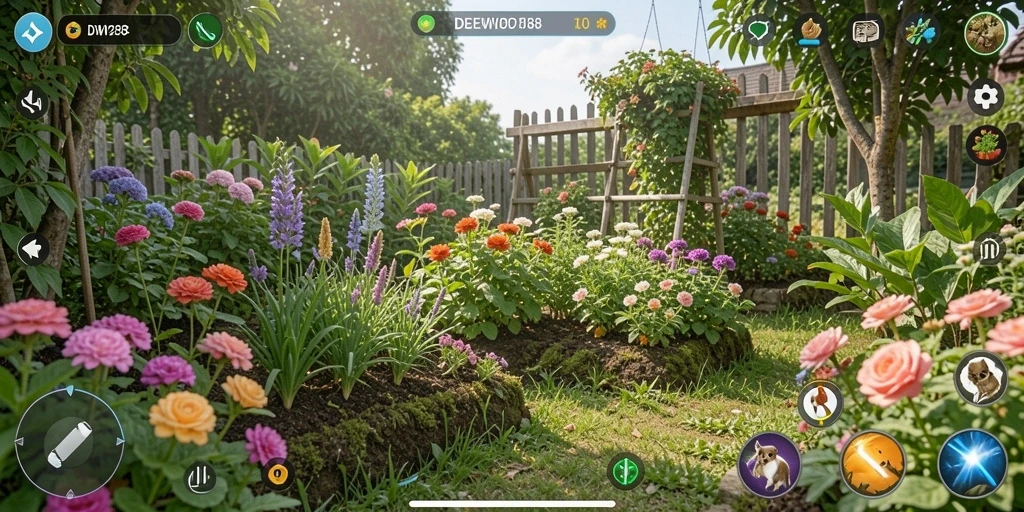 Tampilan utama DEWI288 menampilkan kebun yang subur dan berwarna-warni.