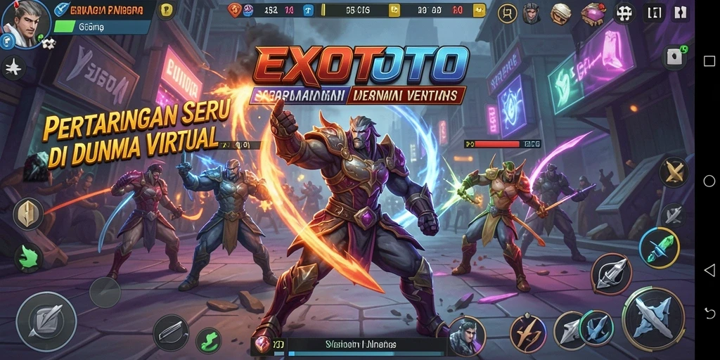Screenshot gameplay <strong>EXOTOTO</strong> menampilkan pertarungan mendebarkan di arena.