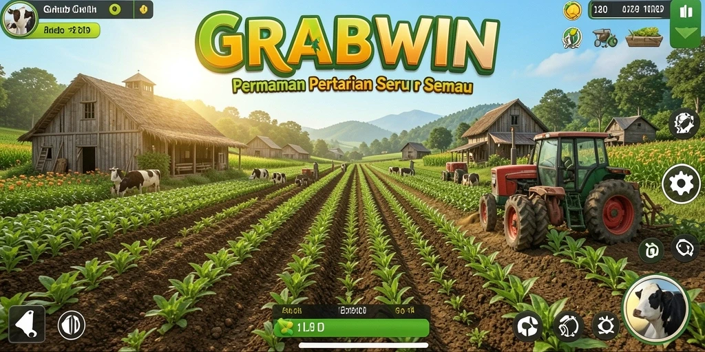 Tangkapan layar gameplay GRABWIN menampilkan aksi bertani yang menyenangkan dan interaktif.