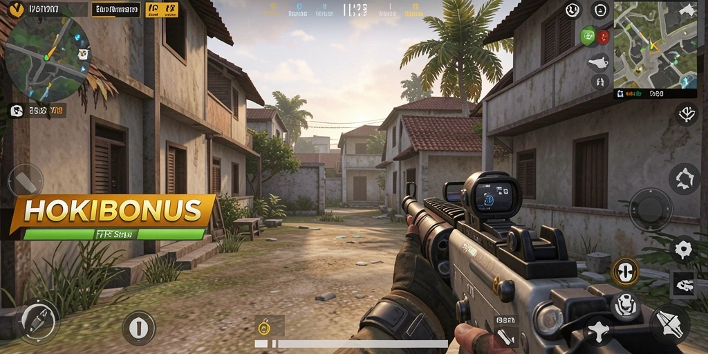 Tampilan gameplay seru HOKIBONUS di arena perang FPS.