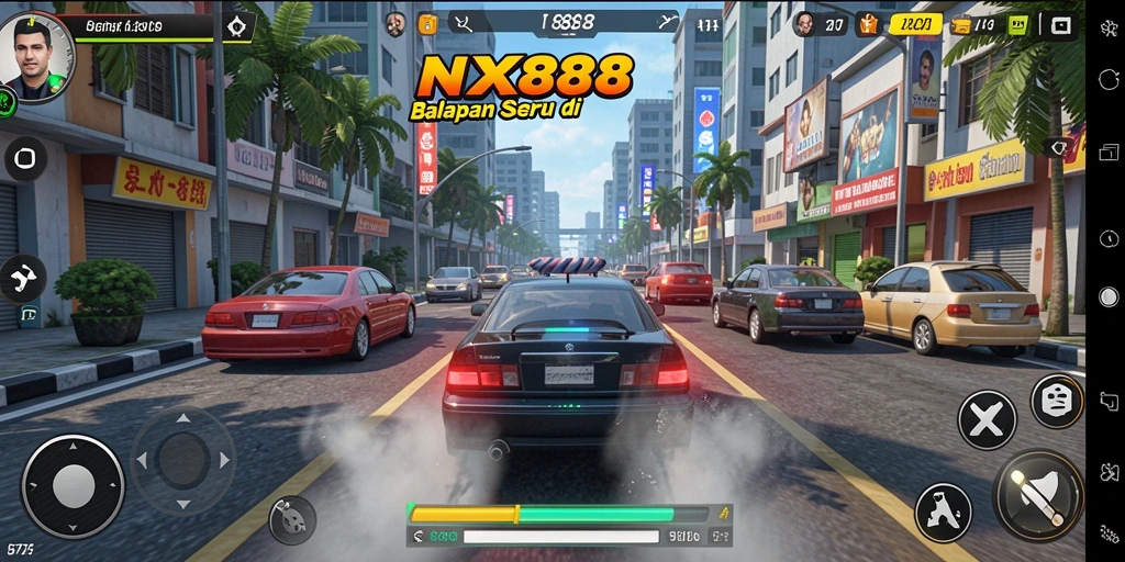 Screenshot NX888 menampilkan aksi balapan yang mendebarkan di jalanan.