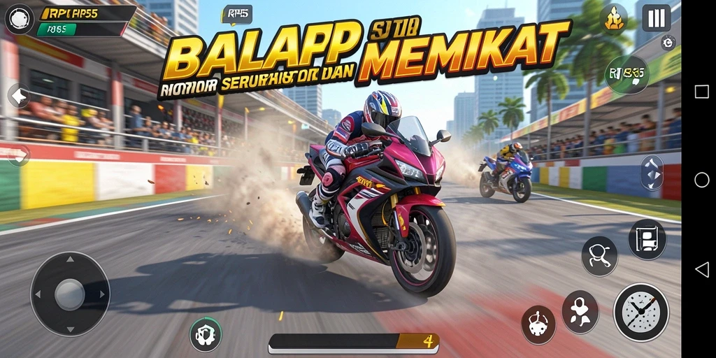 Screenshot utama RP55 menampilkan balapan motor yang menegangkan dengan grafis memukau.