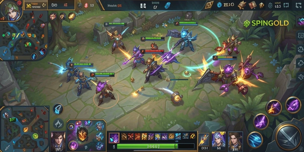 Tangkapan layar gameplay SPINGOLD yang menampilkan aksi MOBA yang seru.